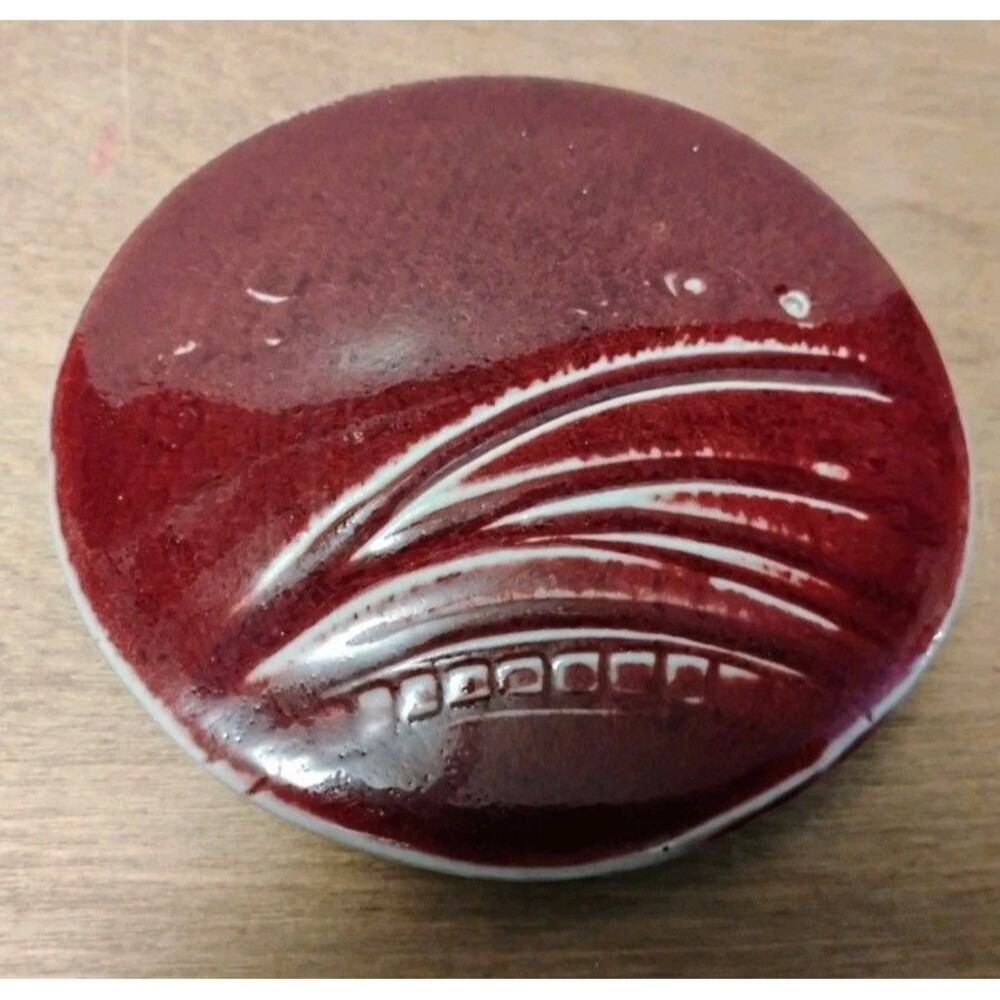 Studio Art Pottery Comfort Stone Paperweight signed Oxblood Red Carved bridge